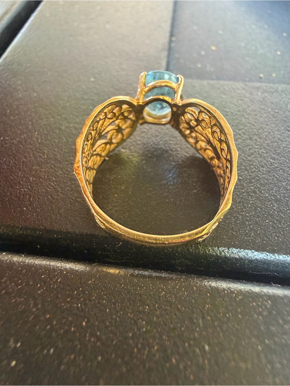 Gold Filigree Ring with Aqua Blue Oval Gemstone - Women's Jewelry - Picture 4 of 4